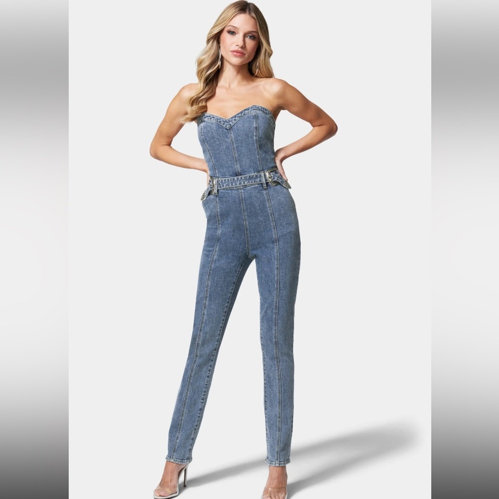 BEBE Belted Sweetheart Denim Jumpsuit - River Blue Wash